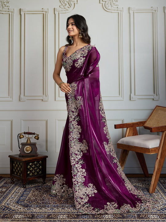 Wine Jimmy Choo Silk Embroidered Designer Saree with Blouse