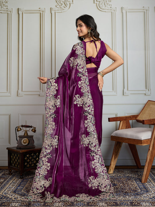 Wine Jimmy Choo Silk Embroidered Designer Saree with Blouse