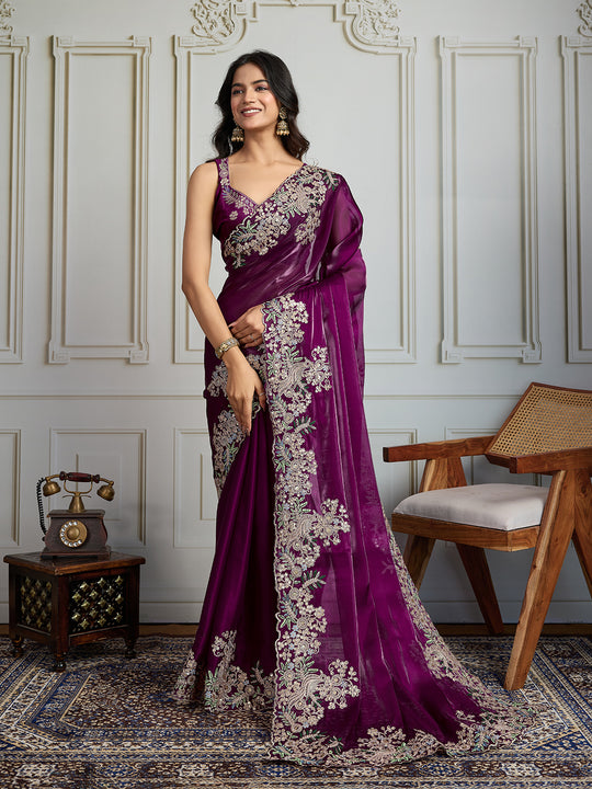 Wine Jimmy Choo Silk Embroidered Designer Saree with Blouse