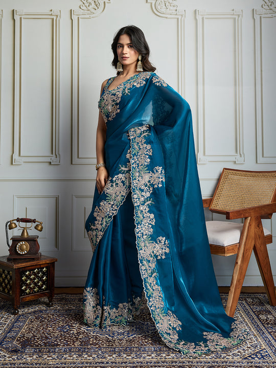 Teal Jimmy Choo Silk Embroidered Designer Saree with Blouse