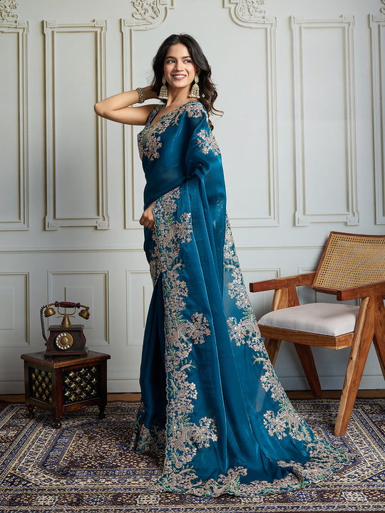 Teal Jimmy Choo Silk Embroidered Designer Saree with Blouse