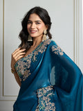 Teal Jimmy Choo Silk Embroidered Designer Saree with Blouse