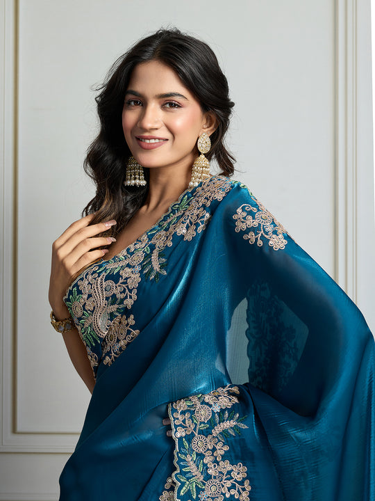 Teal Jimmy Choo Silk Embroidered Designer Saree with Blouse