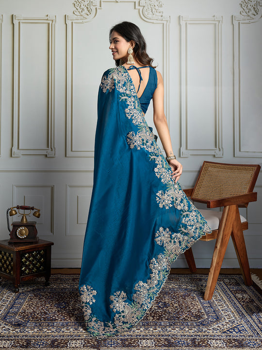 Teal Jimmy Choo Silk Embroidered Designer Saree with Blouse