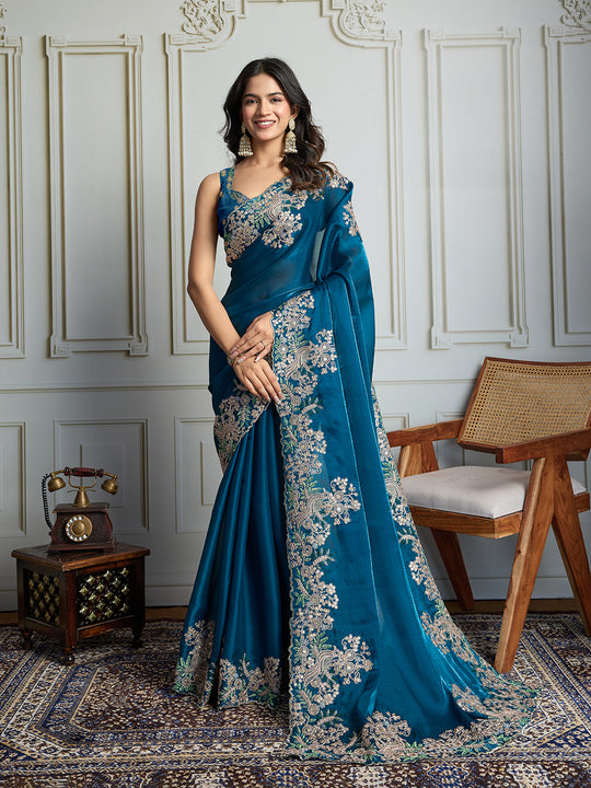 Teal Jimmy Choo Silk Embroidered Designer Saree with Blouse