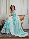 Sky Blue Semi Georgette Embroidered Designer Saree with Blouse