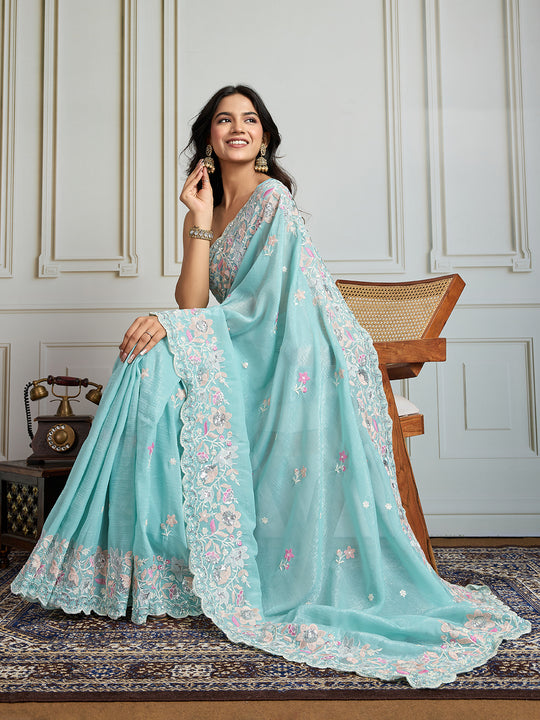 Sky Blue Semi Georgette Embroidered Designer Saree with Blouse