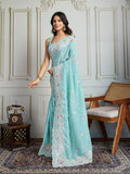 Sky Blue Semi Georgette Embroidered Designer Saree with Blouse