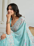Sky Blue Semi Georgette Embroidered Designer Saree with Blouse