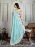Sky Blue Semi Georgette Embroidered Designer Saree with Blouse