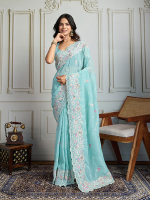 Sky Blue Semi Georgette Embroidered Designer Saree with Blouse
