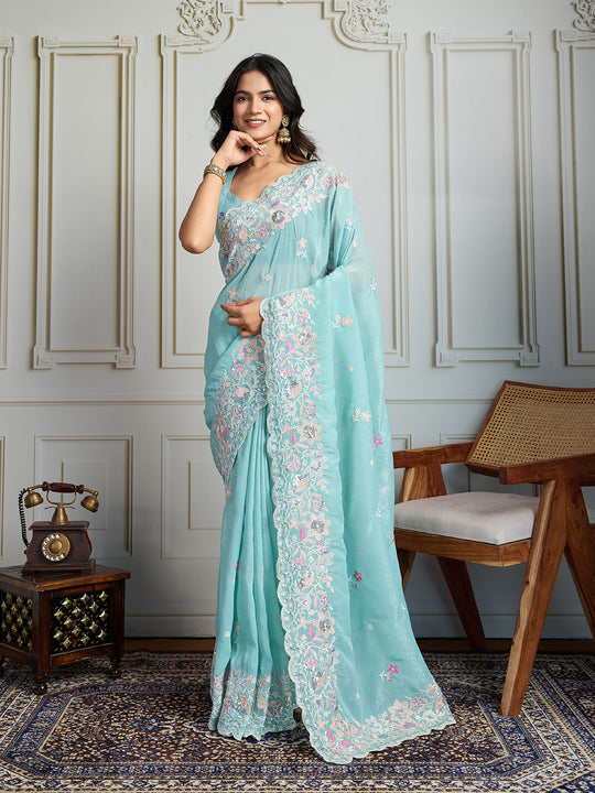 Sky Blue Semi Georgette Embroidered Designer Saree with Blouse