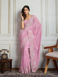 Pink Semi Georgette Embroidered Designer Saree with Blouse