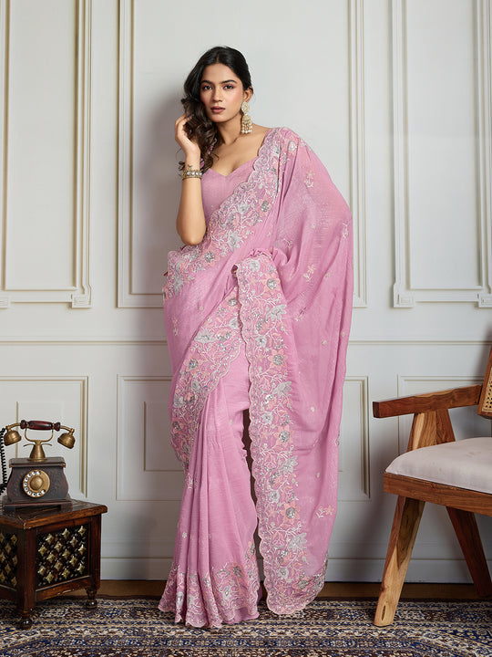 Pink Semi Georgette Embroidered Designer Saree with Blouse