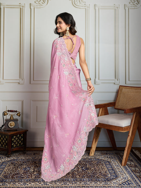 Pink Semi Georgette Embroidered Designer Saree with Blouse