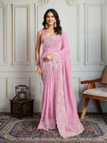 Pink Semi Georgette Embroidered Designer Saree with Blouse