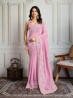 Pink Semi Georgette Embroidered Designer Saree with Blouse
