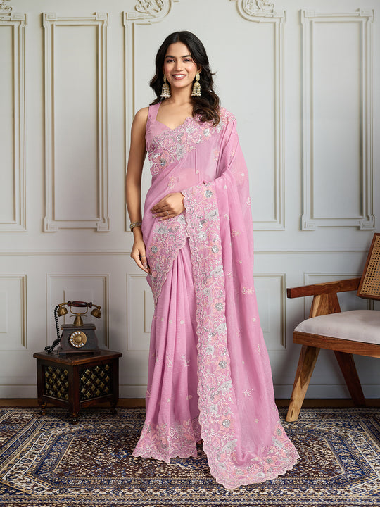 Pink Semi Georgette Embroidered Designer Saree with Blouse