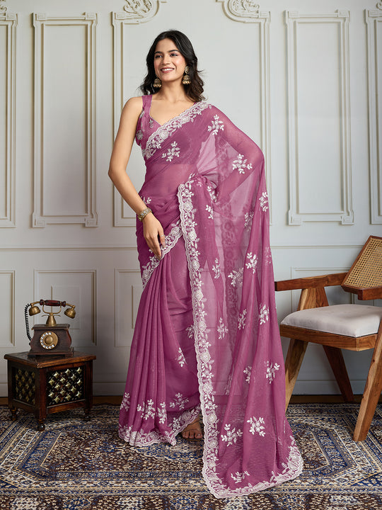 Onion Semi Georgette Embroidered Designer Saree with Blouse