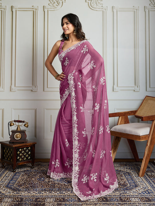 Onion Semi Georgette Embroidered Designer Saree with Blouse