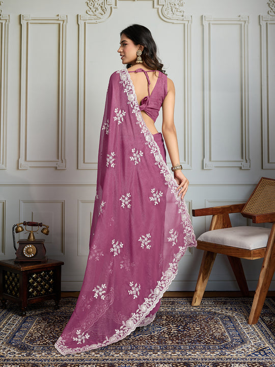 Onion Semi Georgette Embroidered Designer Saree with Blouse