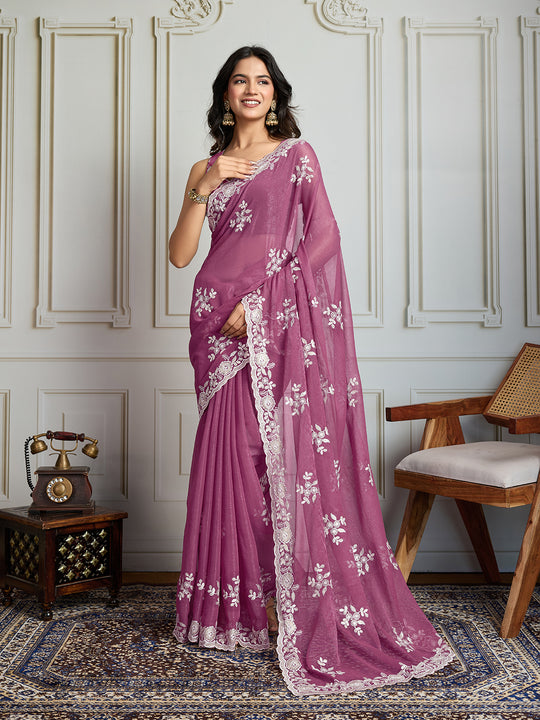 Onion Semi Georgette Embroidered Designer Saree with Blouse
