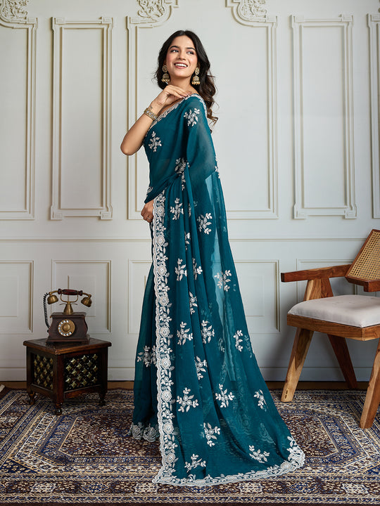 Morpich Semi Georgette Embroidered Designer Saree with Blouse