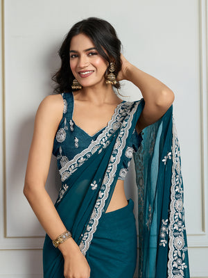 Morpich Semi Georgette Embroidered Designer Saree with Blouse