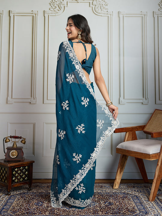 Morpich Semi Georgette Embroidered Designer Saree with Blouse