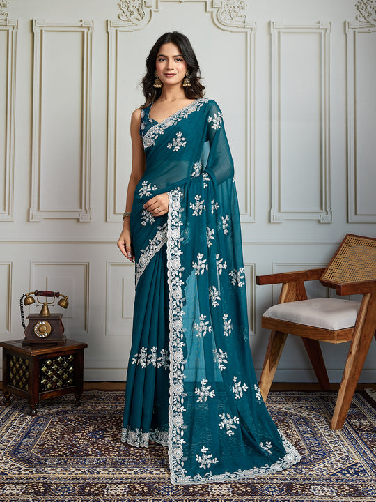 Morpich Semi Georgette Embroidered Designer Saree with Blouse