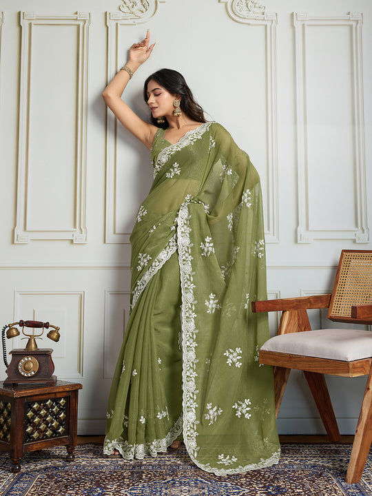 Olive Green Semi Georgette Embroidered Designer Saree with Blouse