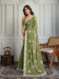 Olive Green Semi Georgette Embroidered Designer Saree with Blouse