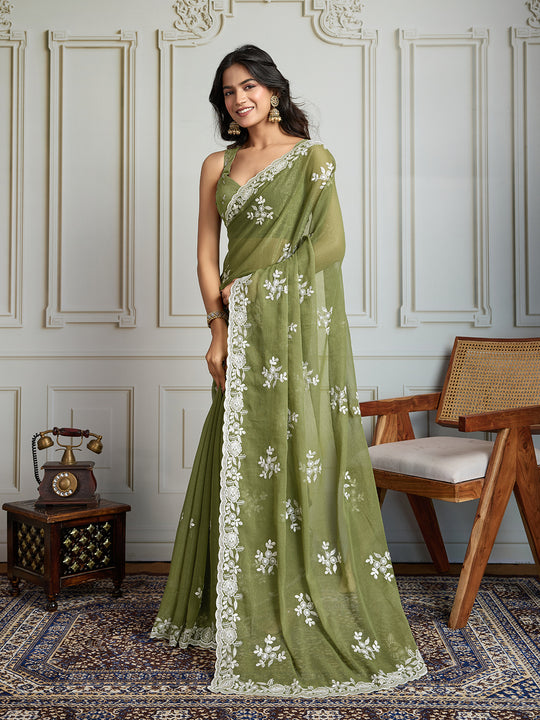 Olive Green Semi Georgette Embroidered Designer Saree with Blouse