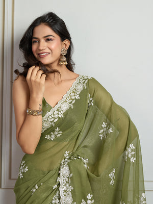 Olive Green Semi Georgette Embroidered Designer Saree with Blouse