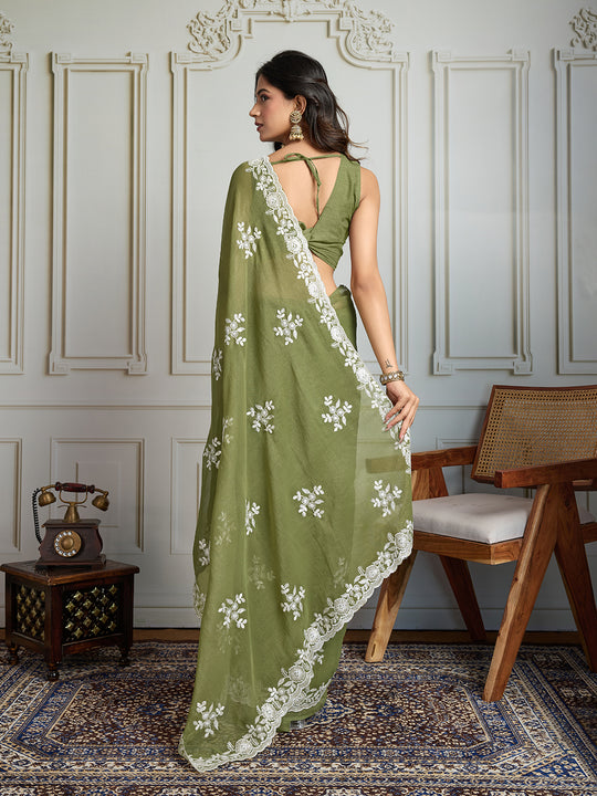 Olive Green Semi Georgette Embroidered Designer Saree with Blouse