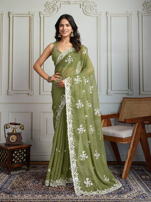 Olive Green Semi Georgette Embroidered Designer Saree with Blouse