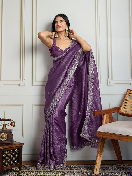 Purple Gold Crush Embroidered Designer Saree with Blouse