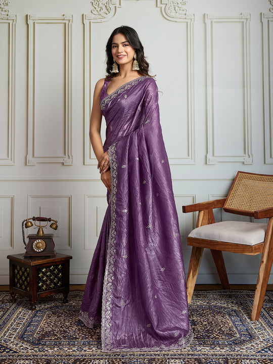 Purple Gold Crush Embroidered Designer Saree with Blouse