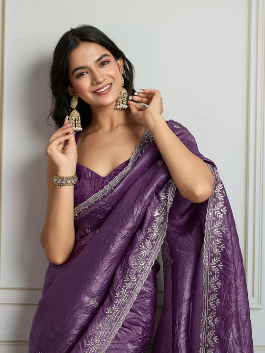 Purple Gold Crush Embroidered Designer Saree with Blouse