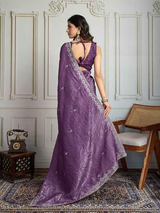 Purple Gold Crush Embroidered Designer Saree with Blouse