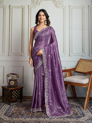 Purple Gold Crush Embroidered Designer Saree with Blouse
