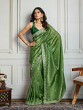 Parrot Green Gold Crush Embroidered Designer Saree with Blouse