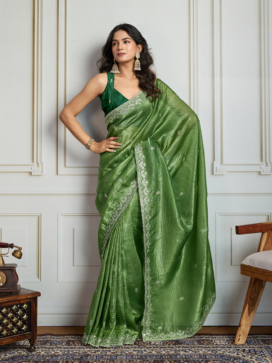 Parrot Green Gold Crush Embroidered Designer Saree with Blouse