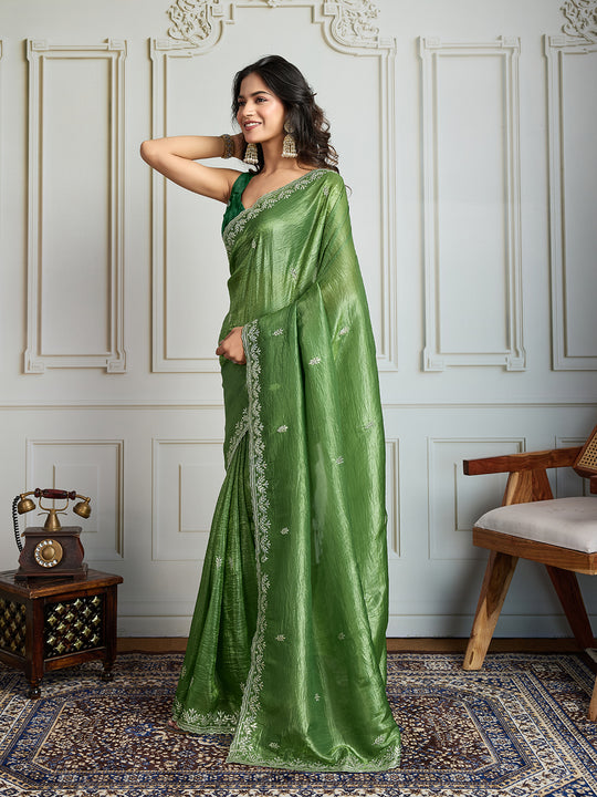 Parrot Green Gold Crush Embroidered Designer Saree with Blouse