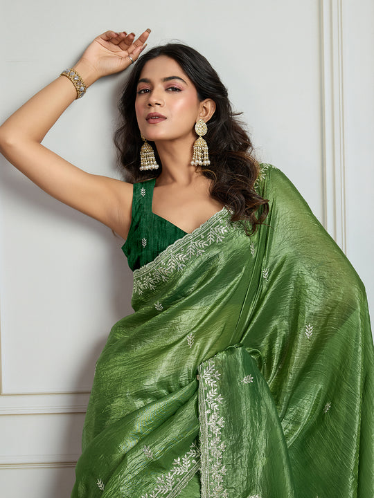Parrot Green Gold Crush Embroidered Designer Saree with Blouse
