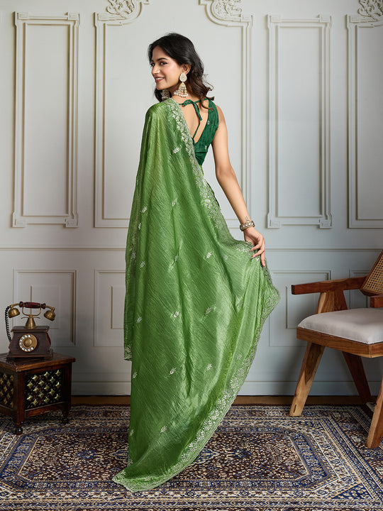 Parrot Green Gold Crush Embroidered Designer Saree with Blouse