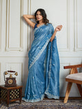 Rama Blue Gold Crush Embroidered Designer Saree with Blouse