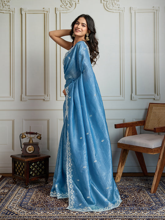 Rama Blue Gold Crush Embroidered Designer Saree with Blouse