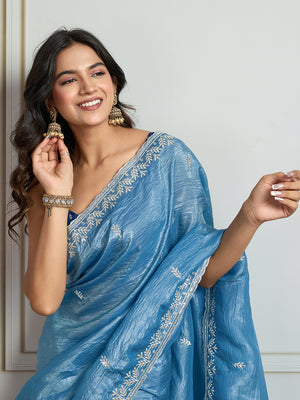 Rama Blue Gold Crush Embroidered Designer Saree with Blouse
