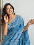 Rama Blue Gold Crush Embroidered Designer Saree with Blouse